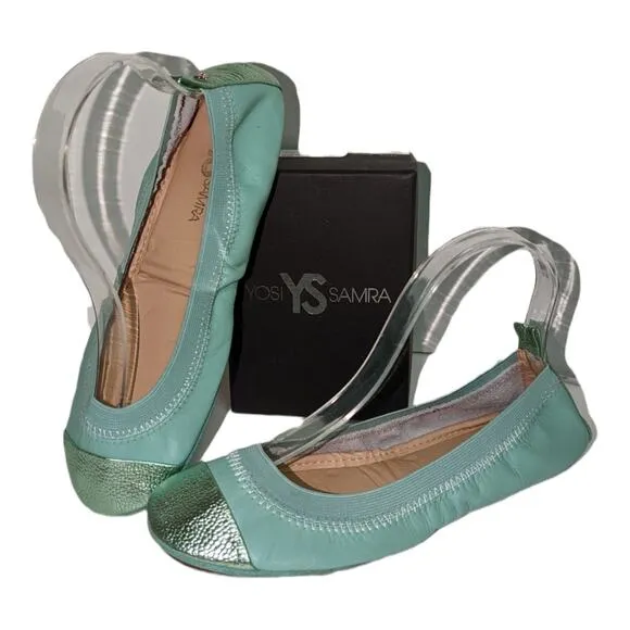 Yosi Samra Samantha Foldable Flats Mint Seafoam Green Metallic Leather Suede 7