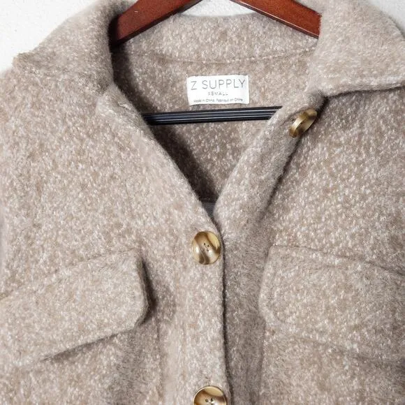 Z Supply Women’s Jacket Taupe Knit Shacket Fuzzy Texture Chest Pockets Size XS