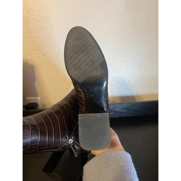 ZARA Animal Embossed Brown Wide Block Heel Ankle Boots Size 41 US 10.5