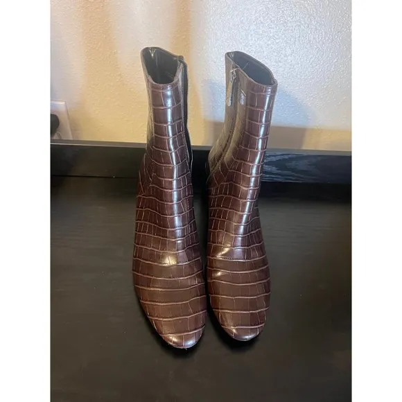 ZARA Animal Embossed Brown Wide Block Heel Ankle Boots Size 41 US 10.5