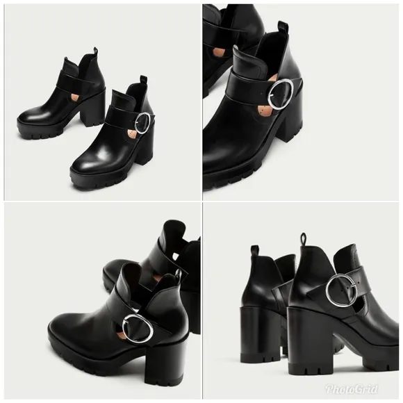ZARA Black Chunky Track Ankle Booties Cutout Sides