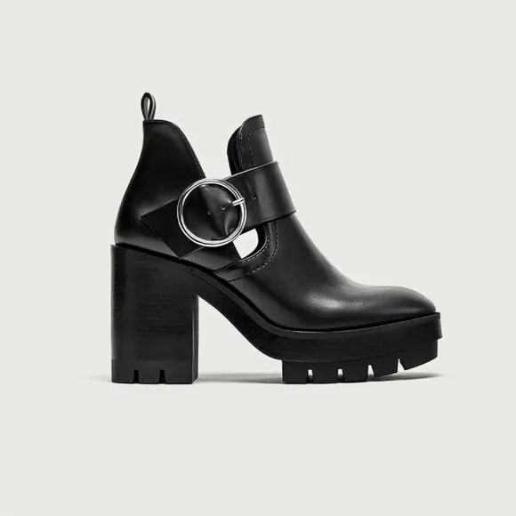 ZARA Black Chunky Track Ankle Booties Cutout Sides