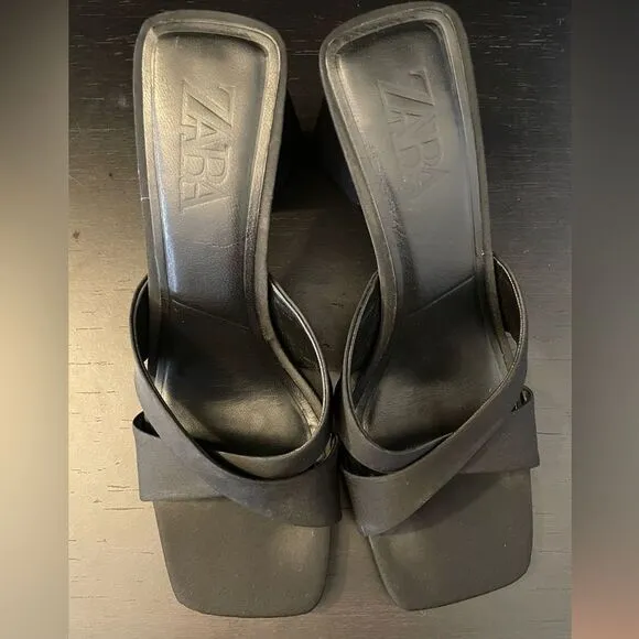 ZARA Black Crossover Heel Sandals Backless Square Toe Women’s EU Size 38
