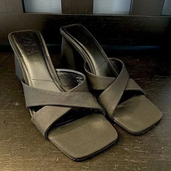 ZARA Black Crossover Heel Sandals Backless Square Toe Women’s EU Size 38