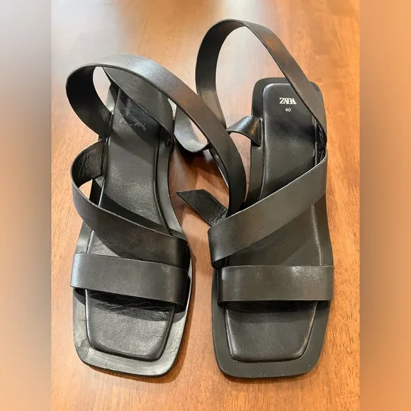 Zara Black Leather Block Heel Strappy Sandals size eur 40 US  8