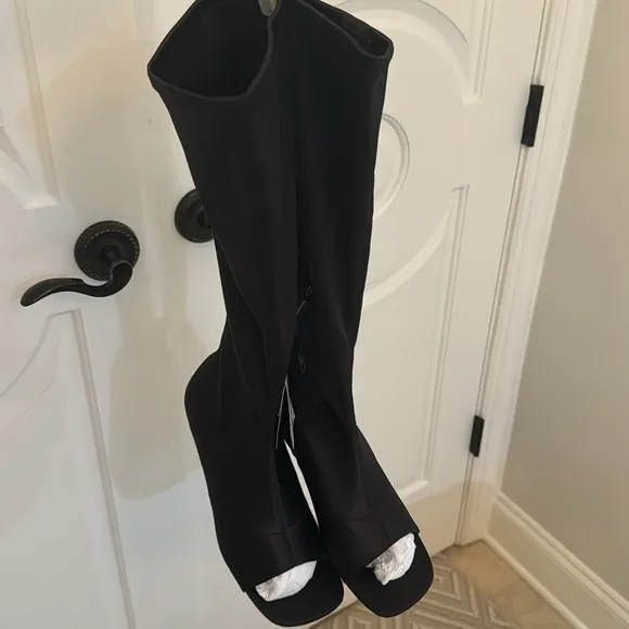 Zara Black Satin Fabric Open Toe Mid-Calf Heeled Boots. Bloggers favorite