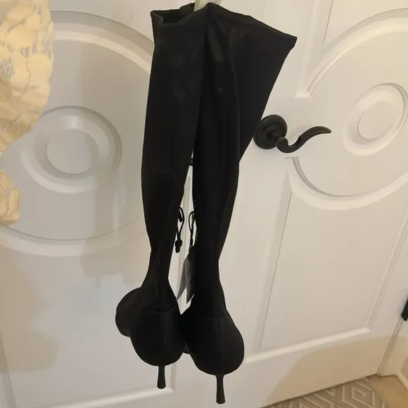 Zara Black Satin Fabric Open Toe Mid-Calf Heeled Boots. Bloggers favorite
