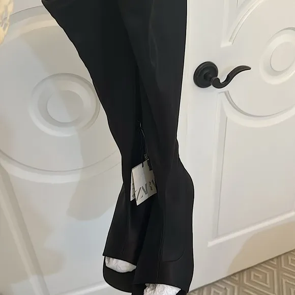 Zara Black Satin Fabric Open Toe Mid-Calf Heeled Boots. Bloggers favorite