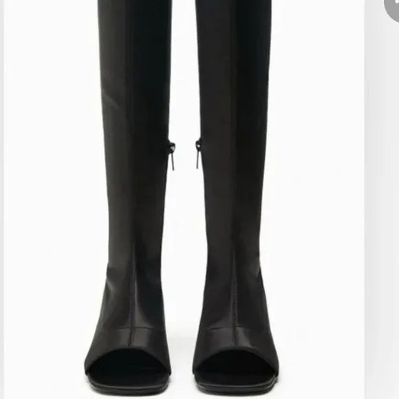 Zara Black Satin Fabric Open Toe Mid-Calf Heeled Boots. Bloggers favorite