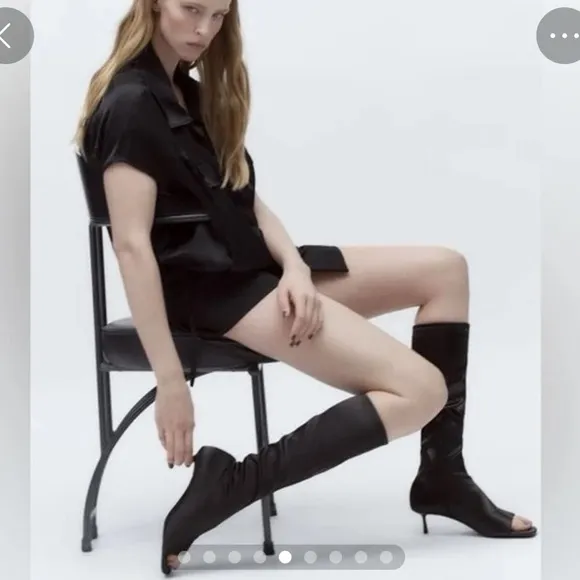 Zara Black Satin Fabric Open Toe Mid-Calf Heeled Boots. Bloggers favorite