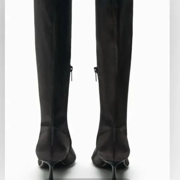 Zara Black Satin Fabric Open Toe Mid-Calf Heeled Boots. Bloggers favorite