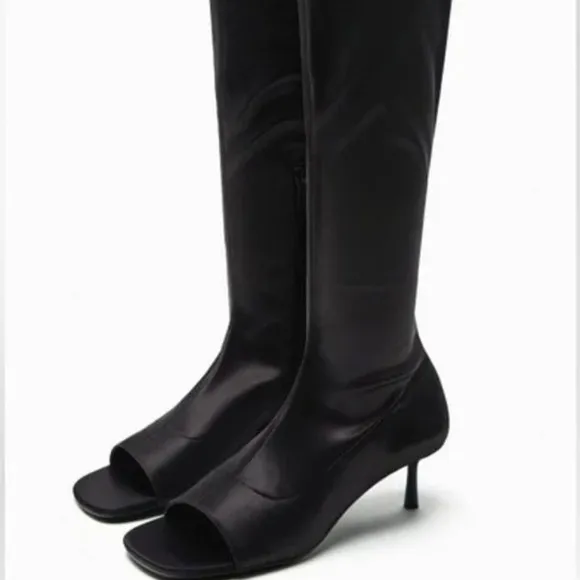 Zara Black Satin Fabric Open Toe Mid-Calf Heeled Boots. Bloggers favorite
