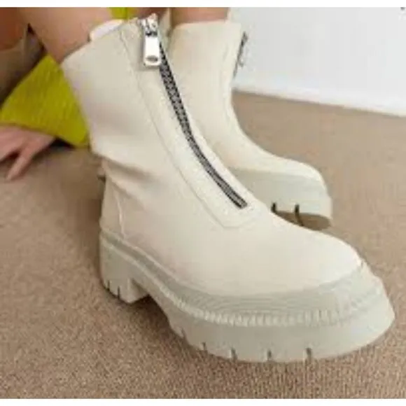 ZARA Ecru Chunky Lug Sole Front Zip Ankle Boots