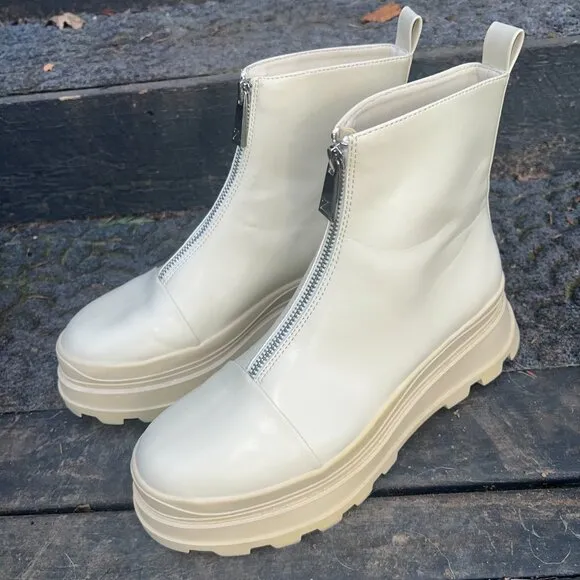 ZARA Ecru Chunky Lug Sole Front Zip Ankle Boots