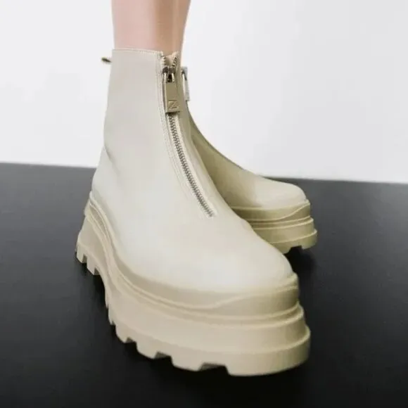 ZARA Ecru Chunky Lug Sole Front Zip Ankle Boots