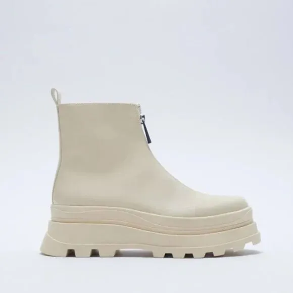 ZARA Ecru Chunky Lug Sole Front Zip Ankle Boots