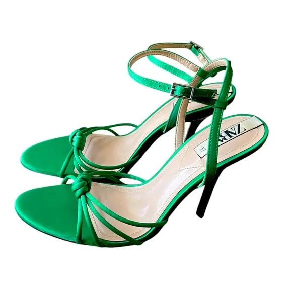 ZARA Green satin open toe heels.