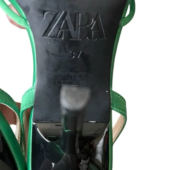 ZARA Green satin open toe heels.