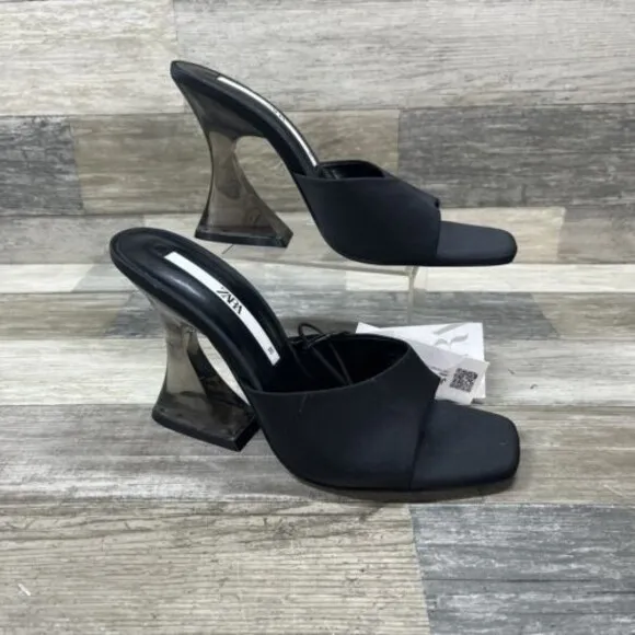 ZARA Heel Sandals Women’s 7.5 Black Methacrylate Open Toe 3663