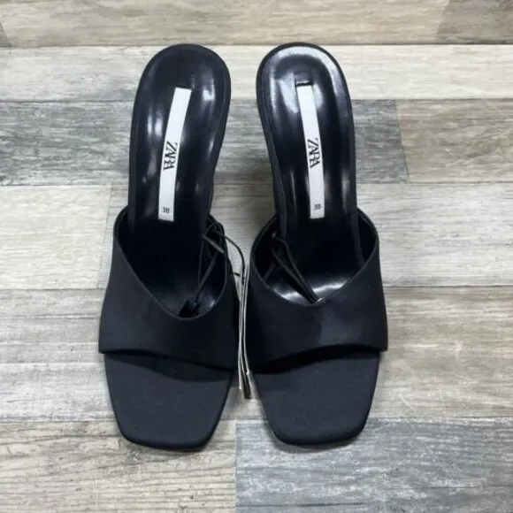ZARA Heel Sandals Women’s 7.5 Black Methacrylate Open Toe 3663