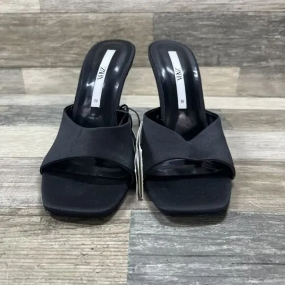 ZARA Heel Sandals Women’s 7.5 Black Methacrylate Open Toe 3663