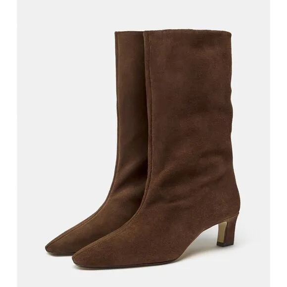 Zara Heeled Suede Midcalf Heeled Boots - 9 - Chocolate Brown