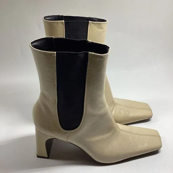 ZARA Ivory Cream Patent Leather Mid Calf Chelsea Boots Size 38 aprox 7.5 US
