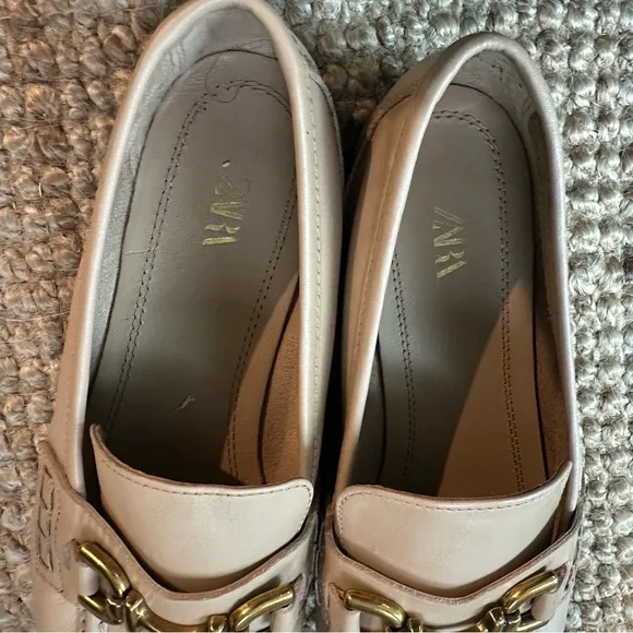 Zara leather loafers in beige with gold horsebit hardware