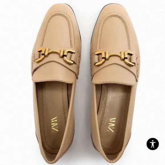 Zara leather loafers in beige with gold horsebit hardware