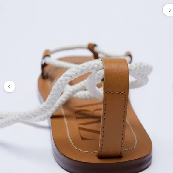 Zara Leather White Rope Strappy Gladiator Square-Toe Flats Sandals (NWT)