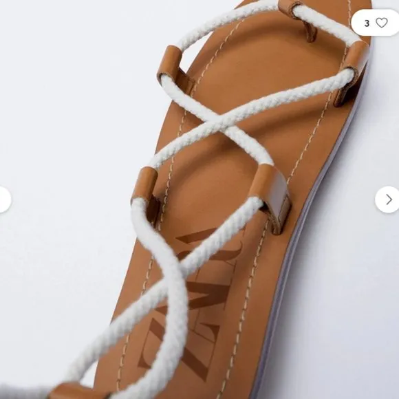 Zara Leather White Rope Strappy Gladiator Square-Toe Flats Sandals (NWT)