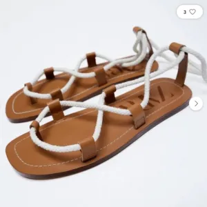 Zara Leather White Rope Strappy Gladiator Square-Toe Flats Sandals (NWT)