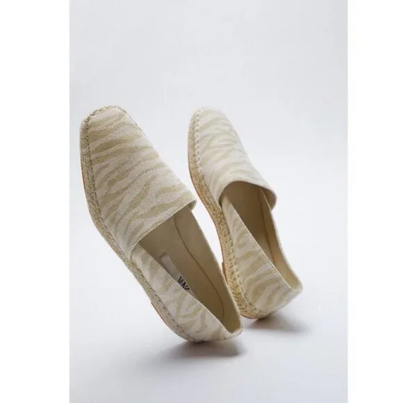 Zara Low Heel Cream  Zebra Animal Print Espadrilles Size EUR 41 US 10 NWT