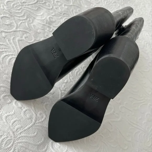 ZARA NWT Black Leather TOPSTITCHED LEATHER COWBOY BOOTS 40 9 9.5