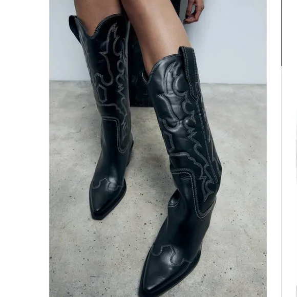 ZARA NWT Black Leather TOPSTITCHED LEATHER COWBOY BOOTS 40 9 9.5