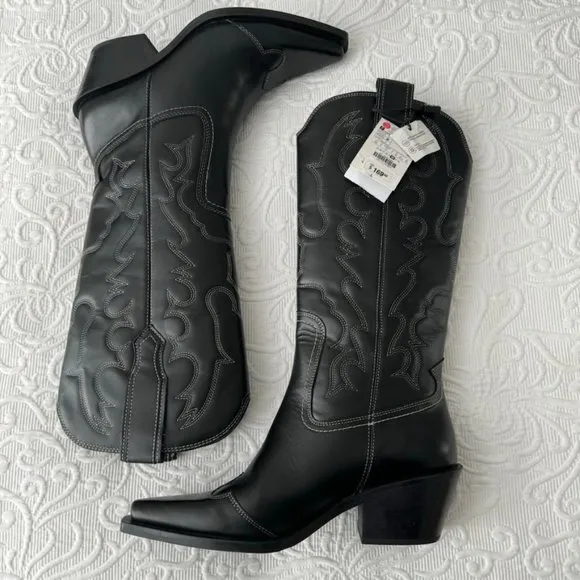 ZARA NWT Black Leather TOPSTITCHED LEATHER COWBOY BOOTS 40 9 9.5