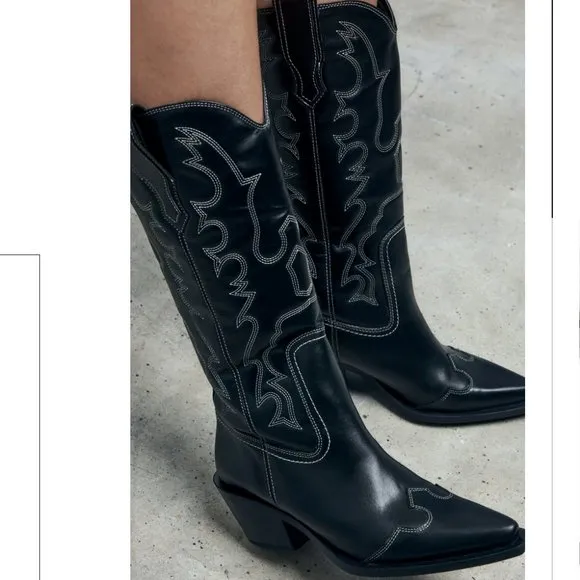 ZARA NWT Black Leather TOPSTITCHED LEATHER COWBOY BOOTS 40 9 9.5