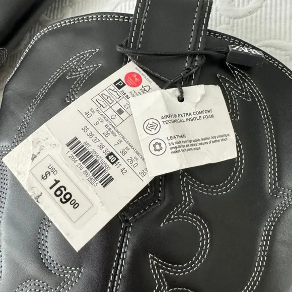 ZARA NWT Black Leather TOPSTITCHED LEATHER COWBOY BOOTS 40 9 9.5