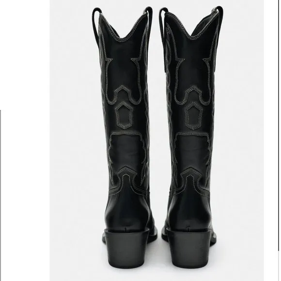 ZARA NWT Black Leather TOPSTITCHED LEATHER COWBOY BOOTS 40 9 9.5