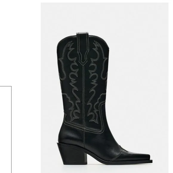 ZARA NWT Black Leather TOPSTITCHED LEATHER COWBOY BOOTS 40 9 9.5