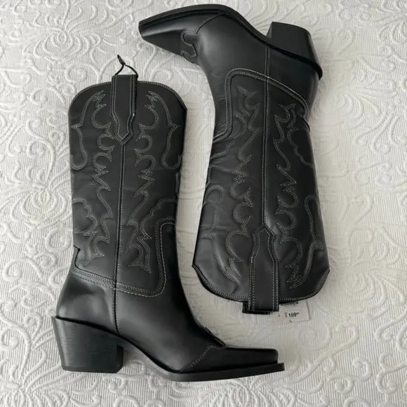 ZARA NWT Black Leather TOPSTITCHED LEATHER COWBOY BOOTS 40 9 9.5