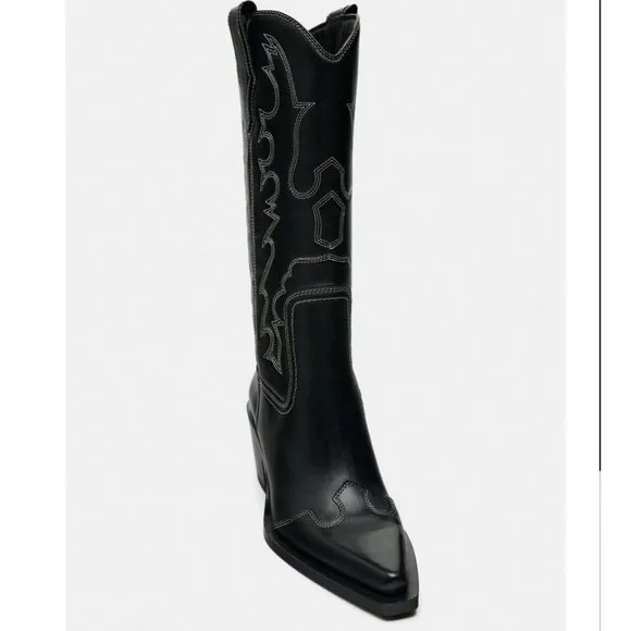 ZARA NWT Black Leather TOPSTITCHED LEATHER COWBOY BOOTS 40 9 9.5