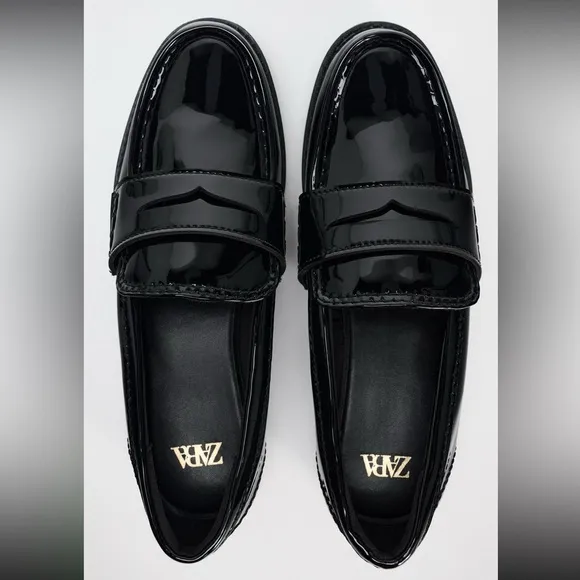 ZARA Penny Loafers Black Patent Leather 7.5 NWT