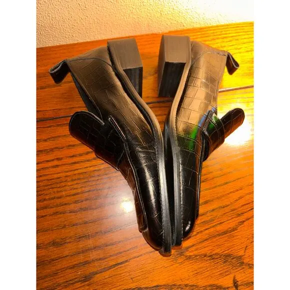 Zara Preppy Old Money Crock Embossed Black Leather 1.5” Heel Penny Loafers