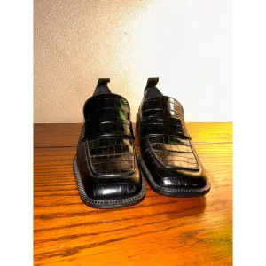 Zara Preppy Old Money Crock Embossed Black Leather 1.5” Heel Penny Loafers