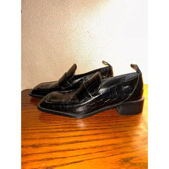 Zara Preppy Old Money Crock Embossed Black Leather 1.5” Heel Penny Loafers