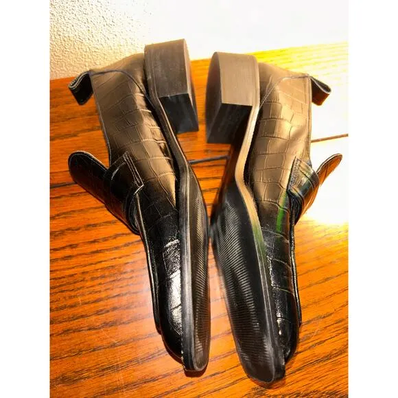 Zara Preppy Old Money Crock Embossed Black Leather 1.5” Heel Penny Loafers