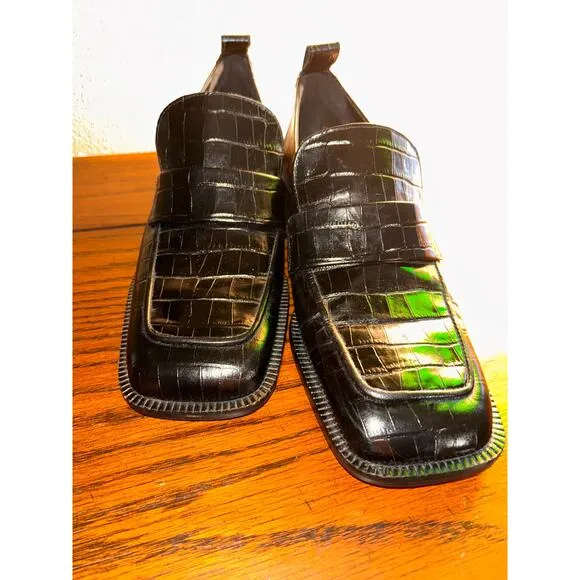 Zara Preppy Old Money Crock Embossed Black Leather 1.5” Heel Penny Loafers