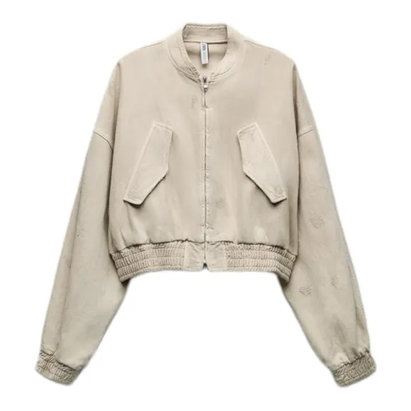 ZARA Tan Plush Ribbed Cropped Oversized Bomber Jacket XS NWT Blogger Favorite