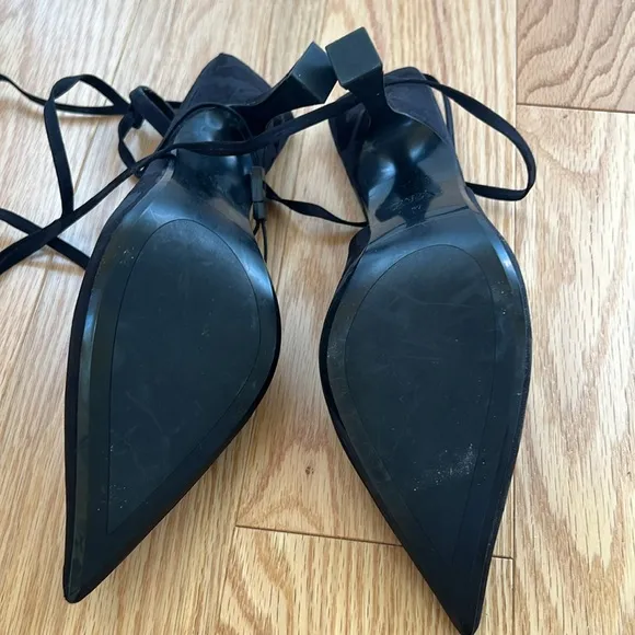 Zara Woman’s size 37 black spotted sling back tie up pointed toe sandals.